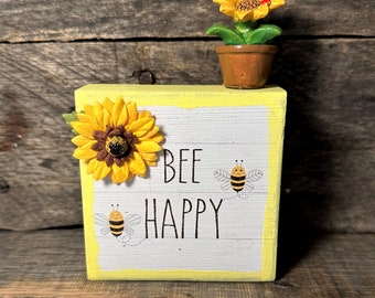 Bee Decor, Small Wood Sign, Honeybee Sign, Kitchen Decor, Tiered Tray Decor, Summer Decor, Spring Decor, Bee Happy