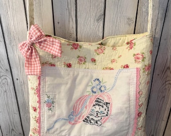 Embroidered Cat Tote Bag, Shabby Chic Quilt Cottagecore Purse, Floral Kitten Bonnet Bag