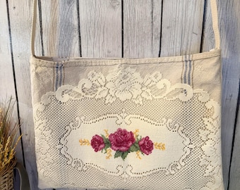 Vintage Grain Sack Embroidered Lace Tote Bag
