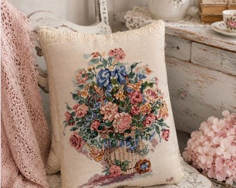 Large Vintage Cross Stitch Floral Pillow – Antique Needlepoint Bouquet – Cream Matelasse Farmhouse Cottage Decor