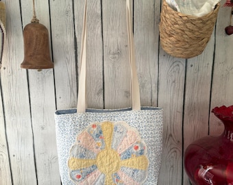 Vintage Dresden Plate Quilt Tote Bag | Antique 1930s Quilt Block Purse | Handmade Quilted Shoulder Bag