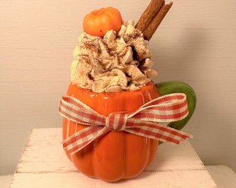 Mini Pumpkin Spice Mug With Faux Whipped Cream, Mini Pumpkin Spoon , Pumpkin Spice Mini Wooden Stand, Tiered Tray Decor, Fall Autumn