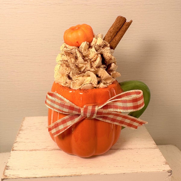 Mini Pumpkin Spice Mug With Faux Whipped Cream, Mini Pumpkin Spoon , Pumpkin Spice Mini Wooden Stand, Tiered Tray Decor, Fall Autumn