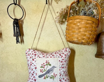 Vintage Cross Stitch Mockingbird Pillow, Peg Rail Hanger