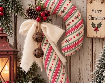 Handmade Fabric Candy Cane Christmas Decor – 12” Primitive Country Candy Cane – Rustic Farmhouse Christmas Bowl Filler