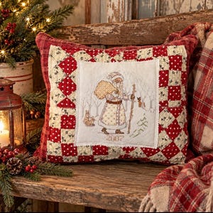 Cojín navideño rústico de Papá Noel / Bordado a punto de cruz vintage y colcha antigua / Papá Noel de arte popular con cuentas / Decoración navideña rústica de granja