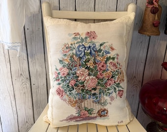 Large Vintage Cross Stitch Floral Pillow – Antique Needlepoint Bouquet – Cream Matelasse Farmhouse Cottage Decor