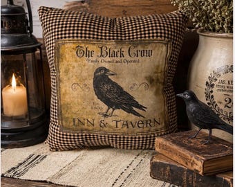 Black Crow Inn Tavern Pillow, Primitive Farmhouse Homespun Check Accent