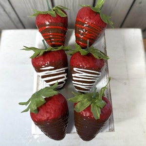 Faux Chocolate Covered Strawberries, Set Of Six, Valentines Decor, Tiered Tray Decor, Gourmet Fake Strawberries image 2