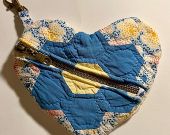Heart-Shaped Antique Quilt Coin Purse | 1930s Quilt Zippered Pouch | Handmade Vintage Quilted Keychain Wallet