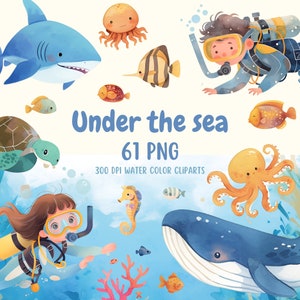 Aquarell Kinderzimmer Unter dem Meer Clipart Bundle / Süße Künste / Aquarell Tiere / Kinder Dekor / Transparenter Hintergrund Digitaler Download