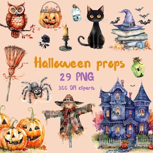 Halloween Props Watercolor Clipart Bundle / Cute Arts / pumpkins, Witch, Cat /Cartoon Style / Transparent Background Digital Download