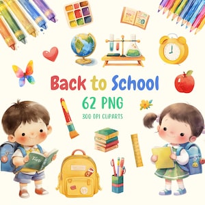 Paquete de imágenes prediseñadas de regreso a clases en acuarela / Arte lindo / Papelería de acuarela / Decoración de guardería infantil / Fondo transparente / Descarga digital