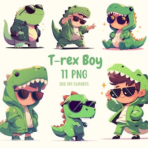 T-rex Junge Dinosaurier Kostüm Clipart Bundle / süße Kunst / coole Badass Kinder / Jungen Dekor / transparenter Hintergrund digitaler Download