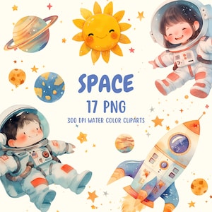 Watercolor Nursery Space Clipart Bundle / Cute Arts / Watercolor Planets /Boys and Girls Decor/ Transparent Background Digital Download