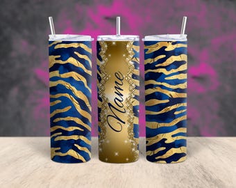 May include: Three stainless steel tumblers with a blue and gold zebra print design. The center tumbler has the word "Name" in gold glitter lettering.