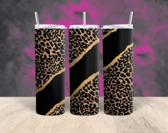 May include: Three stainless steel tumblers with lids and straws. The tumblers are decorated with a black and gold leopard print design.