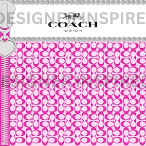 May include: Pink and white Coach pattern fabric with a silver zipper and heart charm. The fabric has the Coach logo repeated throughout. The text "DESIGNER INSPIRED" and "COACH NEW YORK" is at the top of the image.