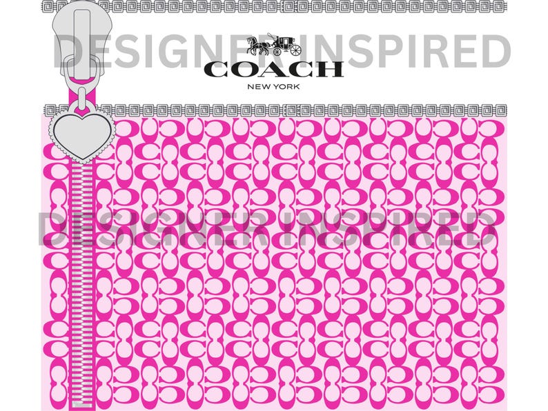 May include: Pink and white Coach pattern fabric with a silver zipper and heart charm. The fabric has the Coach logo repeated throughout. The text "DESIGNER INSPIRED" and "COACH NEW YORK" is at the top of the image.