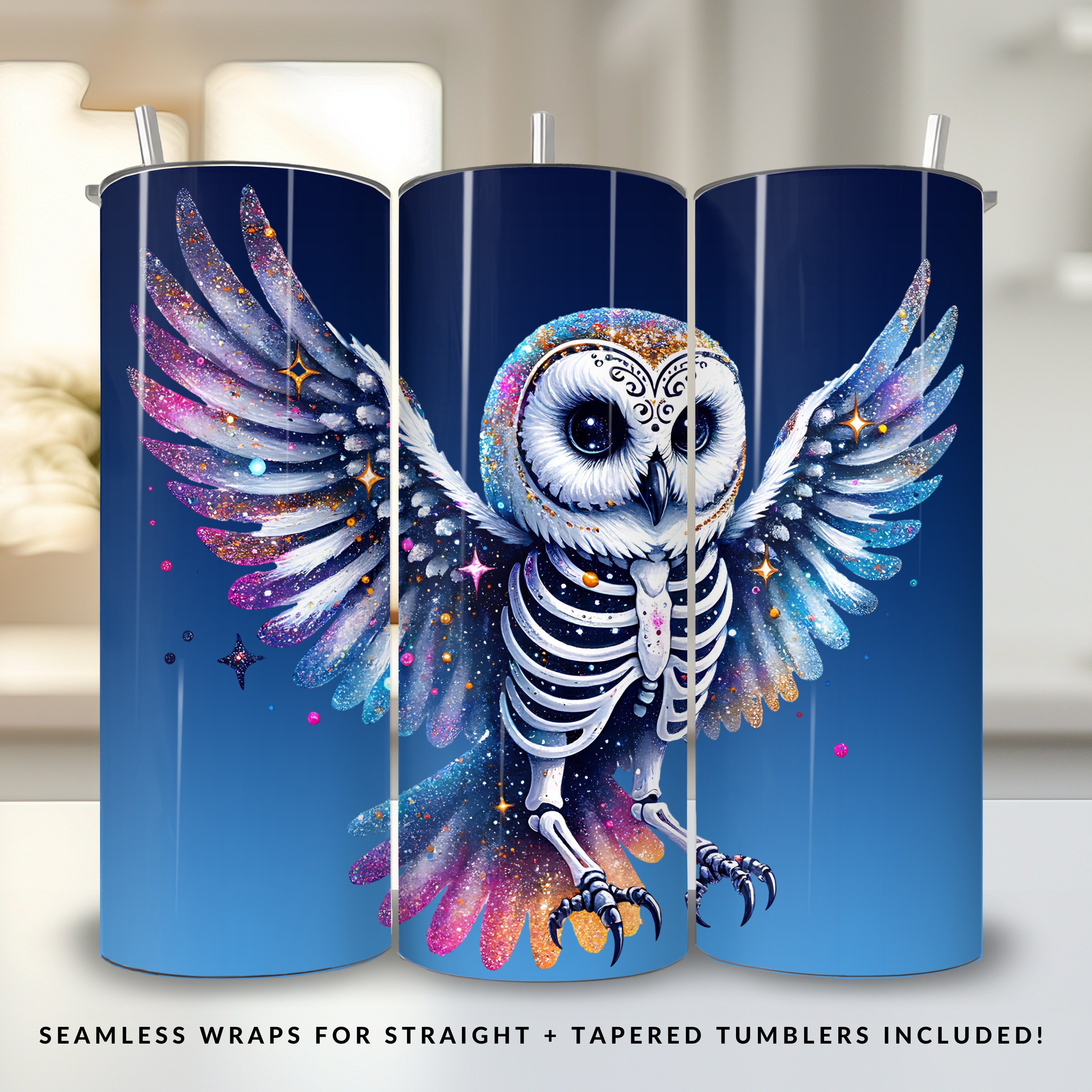 Halloween Skeleton Owl Tumbler Wrap Spooky Season PNG Fall Sublimation 20oz Skinny Blue Tumbler Wrap