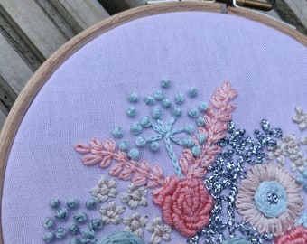 RTS - 5' Embroidery Hoop Art 'Coral and Blue Floral'