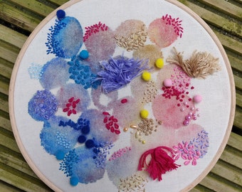 8" Embroidery Hoop Art - Colour Explosion (mixed media)