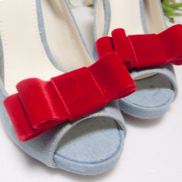 Set of 2-Red Velvet bow shoe clips