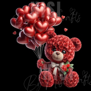 Floral Teddy Bear Surprise Red PNG w  Balloons - Unique Romantic Gift for Valentine’s Day, Anniversaries, and Special Occasions, Sublimation
