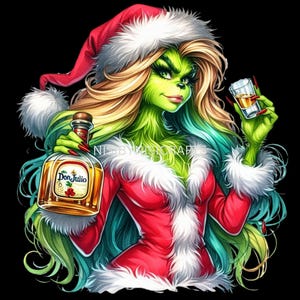 Kerstdrankfles Mrs. Grinch Lady met glas x 3 png, Mean Green Christmas PNG, kerstshirt, schattig bestand, kerst DF