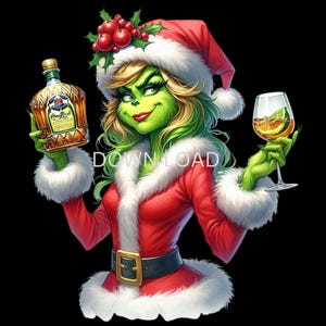 Kerstdrankfles Grinch Bougie Lady met glas x 2 png, Green Girl Christmas PNG, kerstshirt, leuk bestand, digitaal kerstbestand,