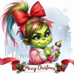Baby Weihnachten Süßer Baby Grinch Png, Grinch Baby Mädchen mit Flasche, Grüne Weihnachten PNG, Weihnachtshemd Png Niedliche Datei, Weihnachten Digitale Datei
