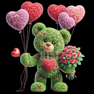 Floral Teddy Bear PNG with Green & Pink Roses - Unique Romantic Gift for Valentine’s Day, Anniversaries, and Special Occasions