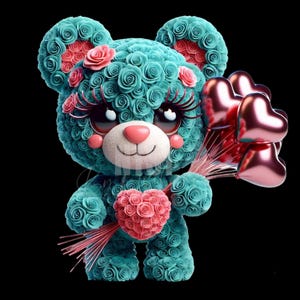 Floral Rose Teddy Bear Teal and Pink PNG with Balloons - Unique Romantic Gift for Valentine’s Day, Anniversaries, and Special Occasions