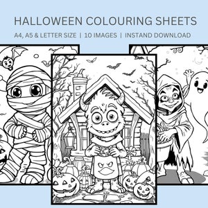 Hojas para colorear de Halloween para niños espeluznantes, 10 imágenes, fiesta de Halloween, impresión a pedido, tamaño A4/A5/carta