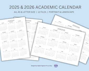 2024/25 - 2025/26 Academic Calendar For Desk, Wall, Notebook, Organizer, Printable PDF, A4/A5/Letter Size, Monday & Sunday Start
