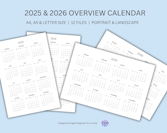 2025 - 2026 Year Calendar, For Desk, Wall, Notebook, Organizer, Printable PDF, Two Sided Printing, A4/A5/Letter size, Monday & Sunday Starts