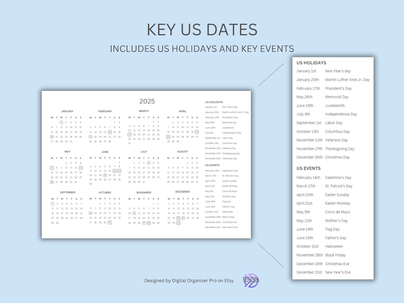 2025 - 2026 Calendar Including US Holidays, for Desk, Wall, Notebook