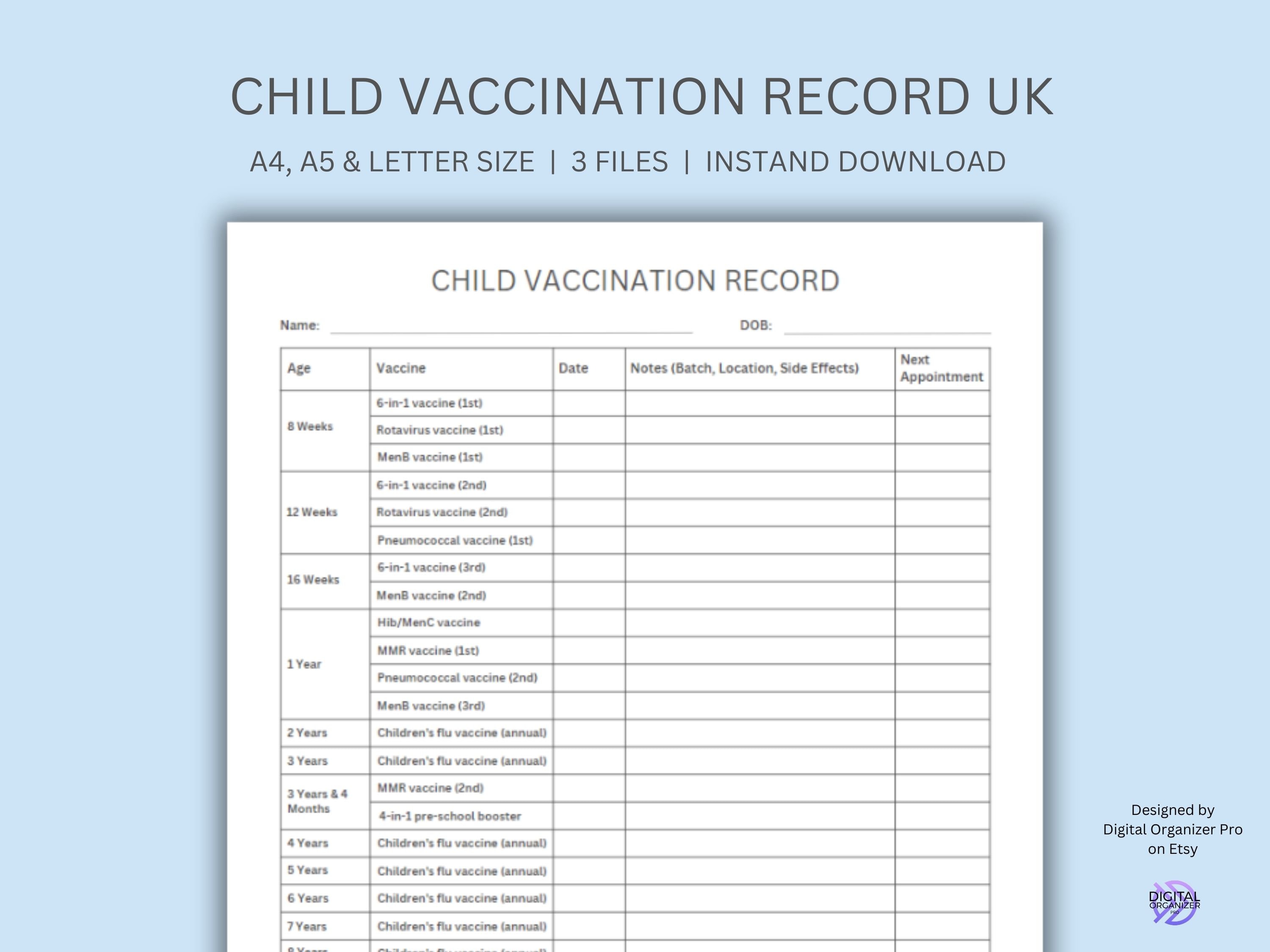 Child Vaccination Record UK, Immunisation Schedule Baby, Vaccination Log, Immunisation Log, Printable A4, A5, Letter, Instant Download