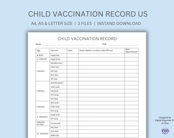 Child Vaccination Record US, Immunization Schedule Baby, Vaccination Log, Immunization Log, Printable A4, A5, Letter, Instant Download
