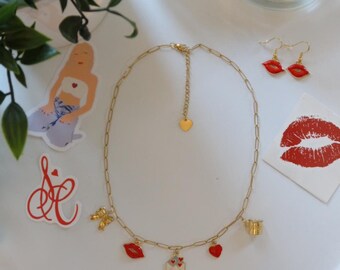 Jewelry Set "Sabrina": Charm Necklace, Earrings & Temporary Kiss Tattoo