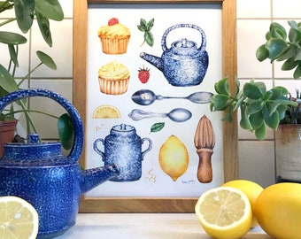 Lemon tea print by Valerie Greeley, kitchen wall art, unframed.