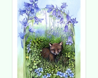 Fox cub in bluebell wood print by Valerie Greeley