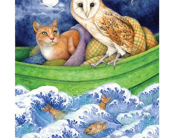 Owl and Pussycat sailed away blank greetings card