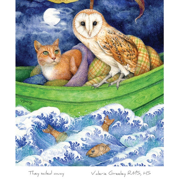 Owl and Pussycat sailed away blank greetings card