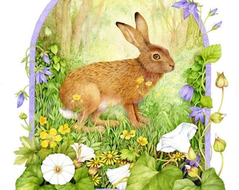 English Hare with wild flowers A4 size