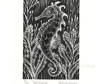 seahorse wood engraving print by Valerie Greeley