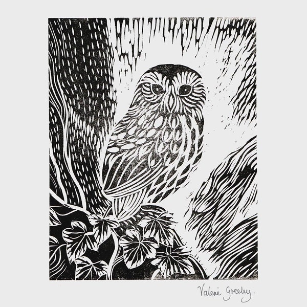 Owl in the Ivy original lino print