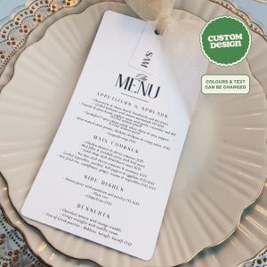 Op maat gepersonaliseerd minimaal trouwmenu en naamkaartje