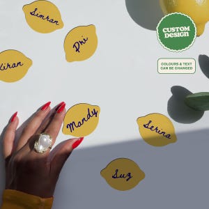 Letreros de mesa planos con nombre de limón ilustrado personalizado, tema Dolce Vita, etiquetas para despedidas de soltera, bodas y recuerdos de despedida de soltera.