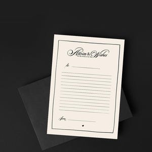 Tarjeta monocromática A6 con sobre e ilustraciones de consejos y deseos para la novia